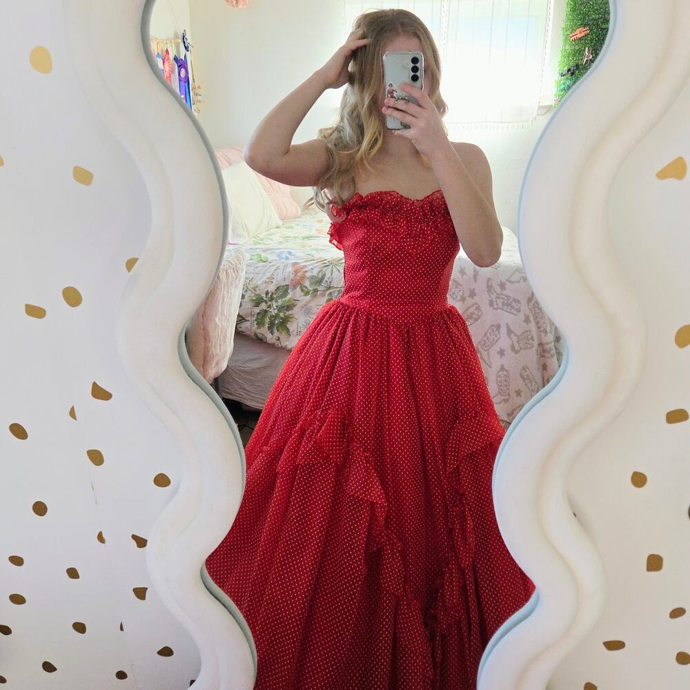 Gunne Sax Vintage 80s Red Maxi Dress Size S 9 Swiss Dot Strapless Ruffle Prom